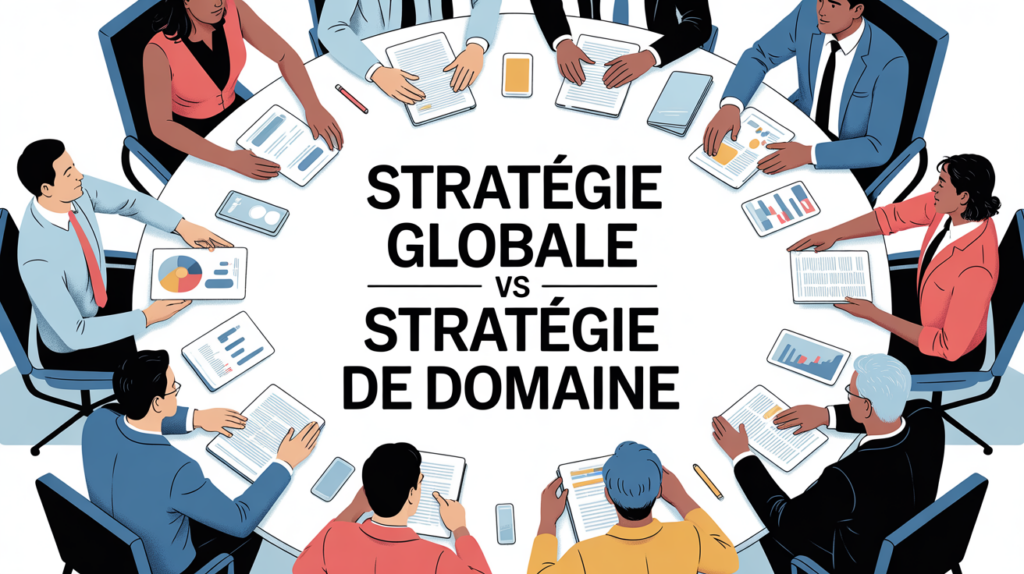 Équipe managers discutant stratégie globale et de domaine