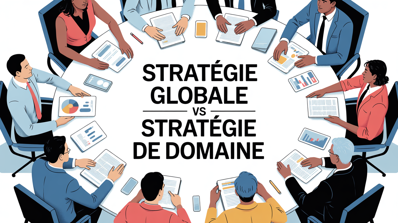 Équipe managers discutant stratégie globale et de domaine