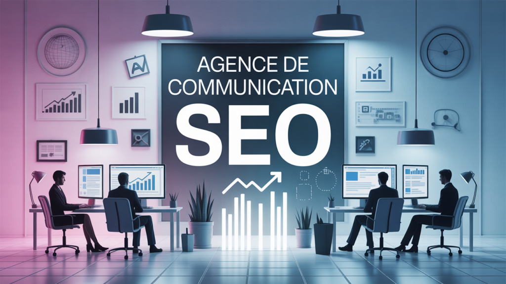Scène agence de communication SEO moderne avec équipe