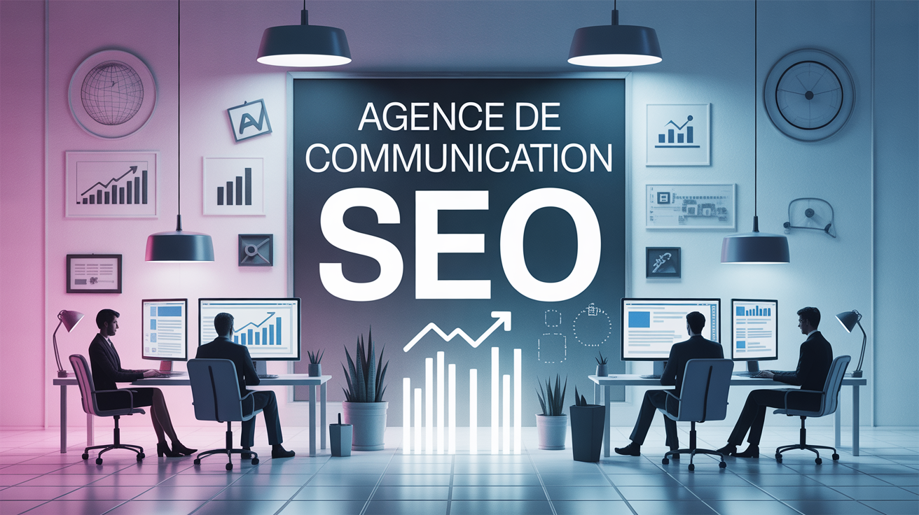 Scène agence de communication SEO moderne avec équipe