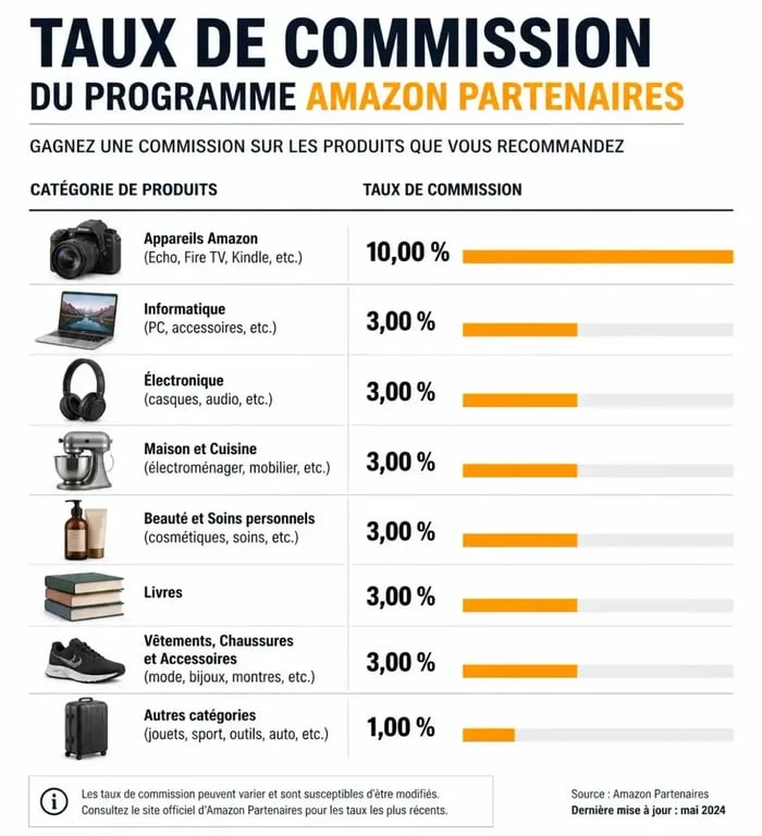 Infographie des taux de commission du programme affiliation Amazon France par catégorie de produits