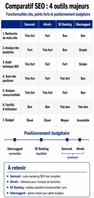 Comparatif des meilleurs logiciels SEO : Semrush, Ahrefs, SE Ranking et Ubersuggest