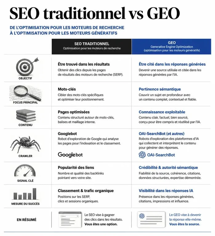 Infographie comparative entre le SEO classique et le référencement ChatGPT (GEO) pour optimiser sa visibilité.