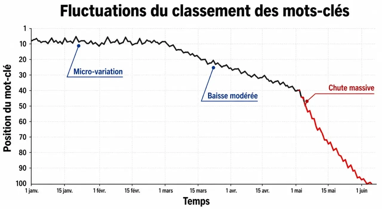 Graphique d'évolution du classement Google d'un mot-clé montrant les différents types de variations de position