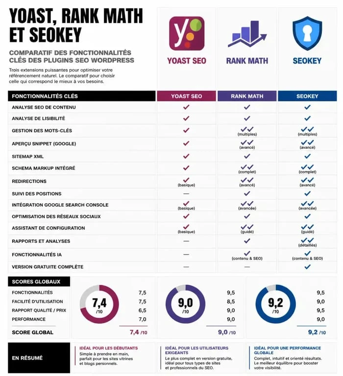 Infographie comparative des meilleurs plugins SEO pour WordPress : Yoast, Rank Math et SEOKEY