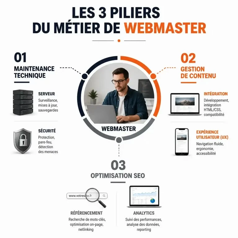 Infographie des trois piliers du métier de webmaster : technique, contenu et SEO