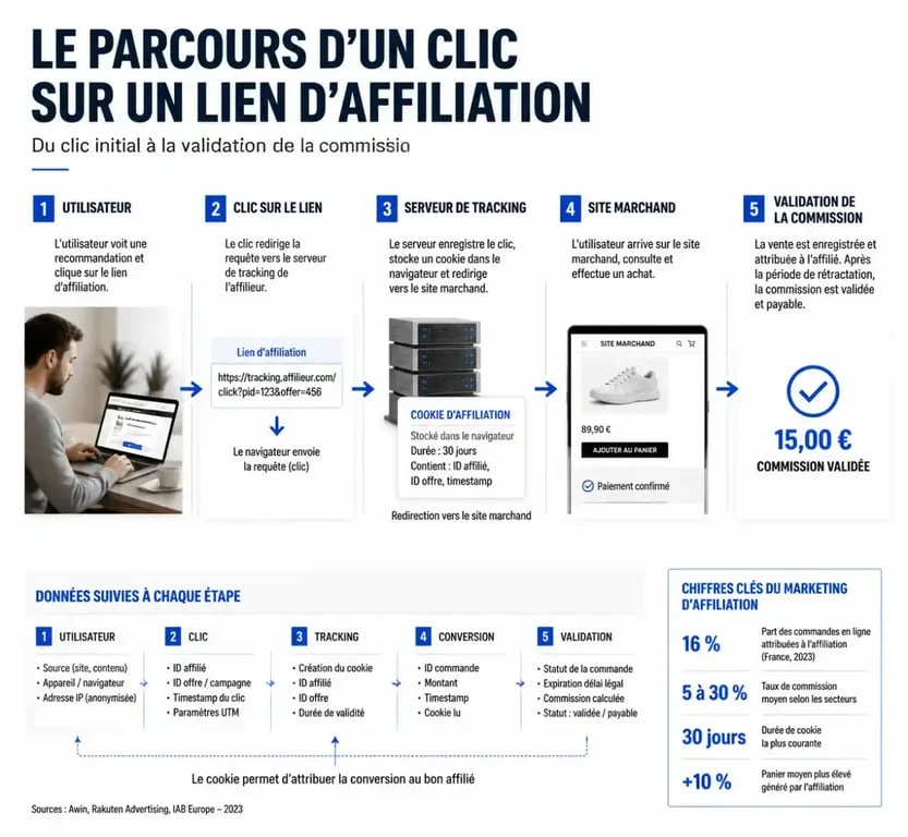 Schéma du fonctionnement technique d'un lien d'affiliation et du suivi des commissions