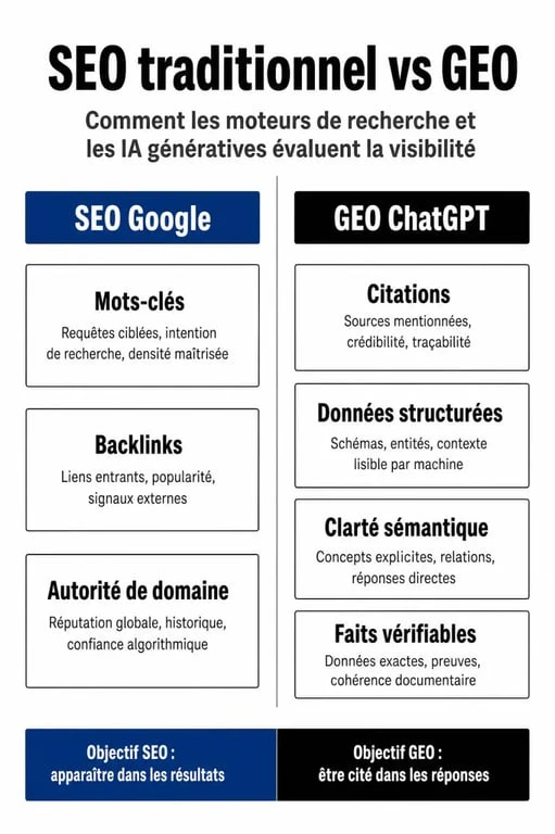 Comparaison entre SEO traditionnel et Generative Engine Optimization (GEO) pour ChatGPT