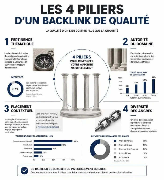 Infographie illustrant les critères essentiels pour obtenir des backlinks de qualité en SEO