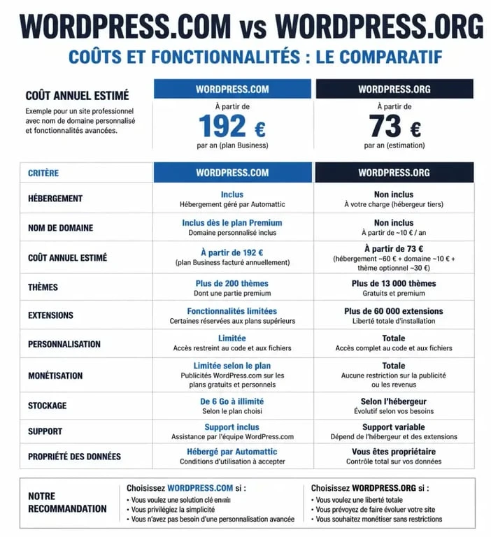 Comparatif des coûts et fonctionnalités entre WordPress.com et WordPress.org pour estimer son tarif WordPress