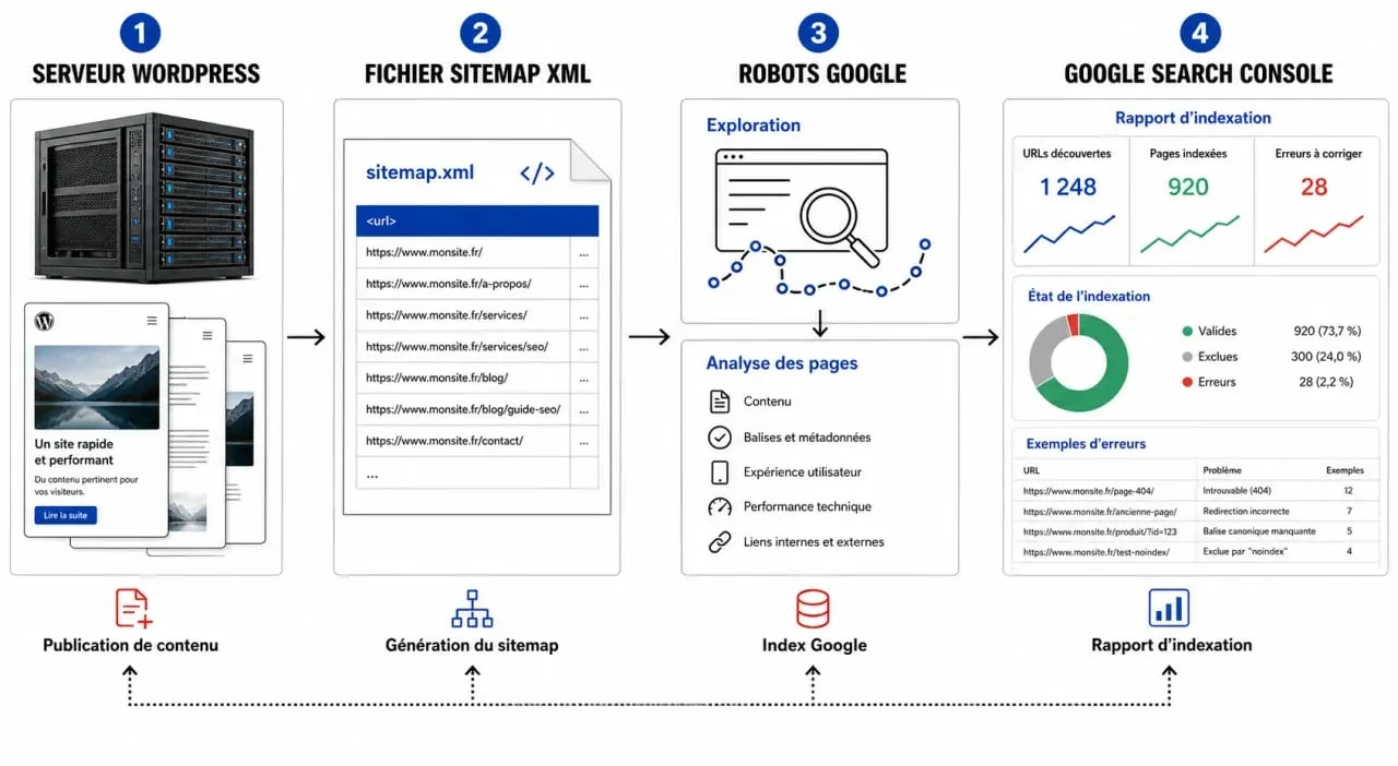 Schéma explicatif du processus d'indexation WordPress sur Google
