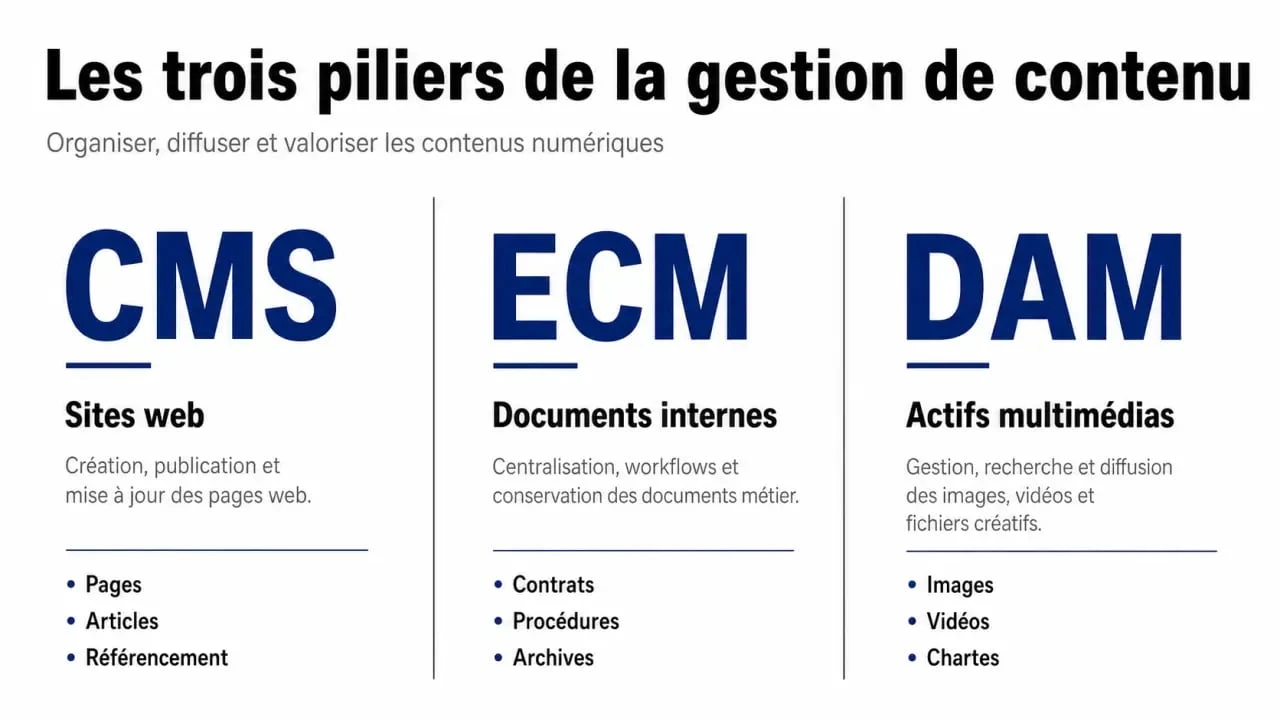 Infographie comparative des outils de gestion de contenu : CMS, ECM et DAM