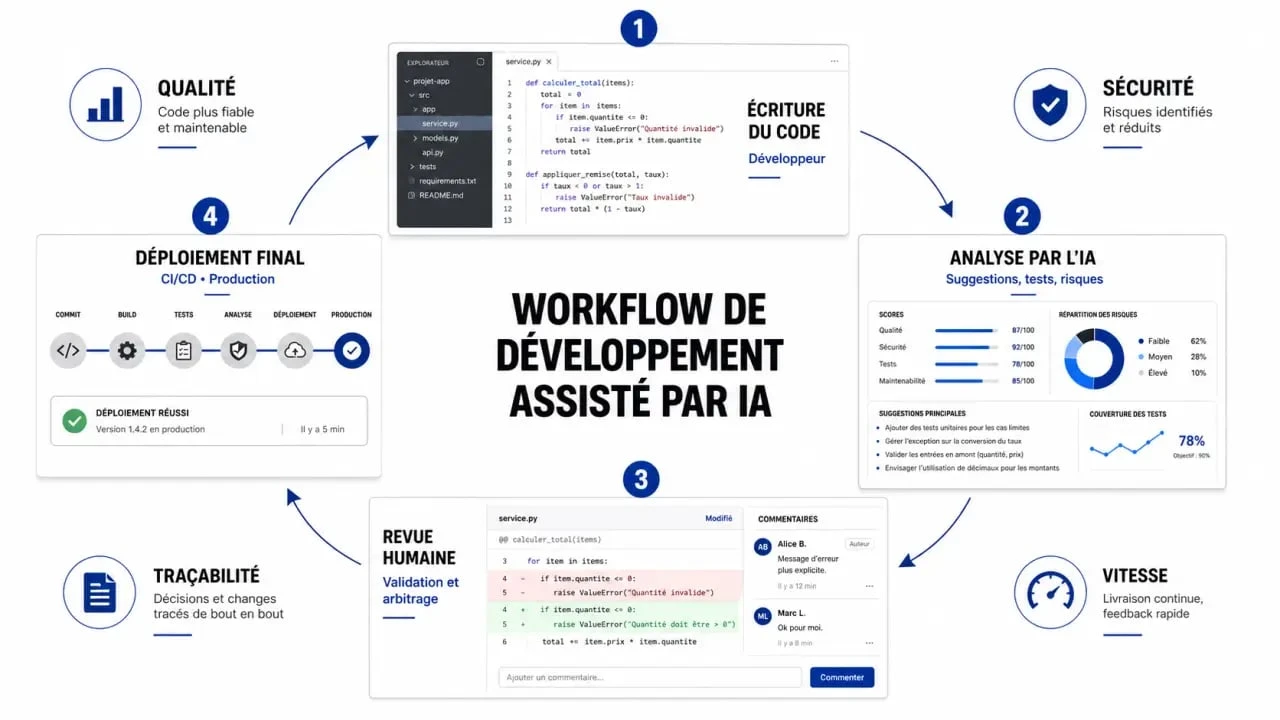 Schéma du workflow de développement assisté par IA pour l'optimisation des projets logiciels