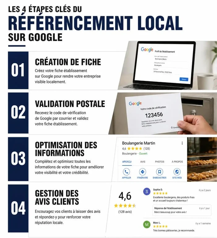 Infographie des étapes pour référencer son entreprise sur Google et optimiser sa fiche d'établissement