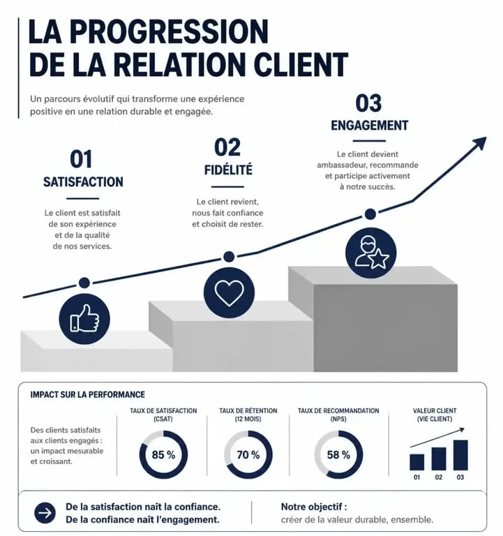 Infographie illustrant les étapes du customer engagement : satisfaction, fidélité et engagement client