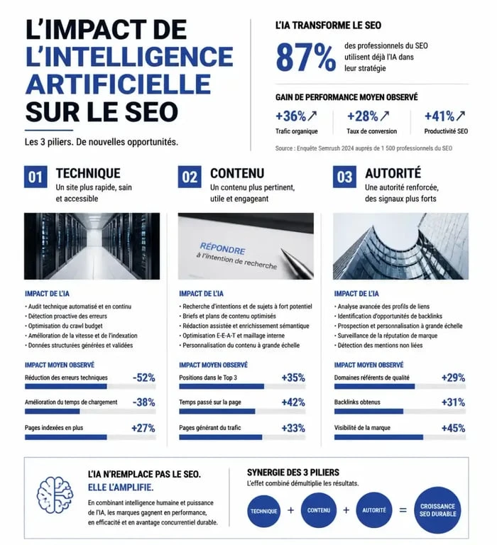 Infographie sur l'impact de l'IA dans le SEO et l'optimisation des piliers technique, contenu et autorité