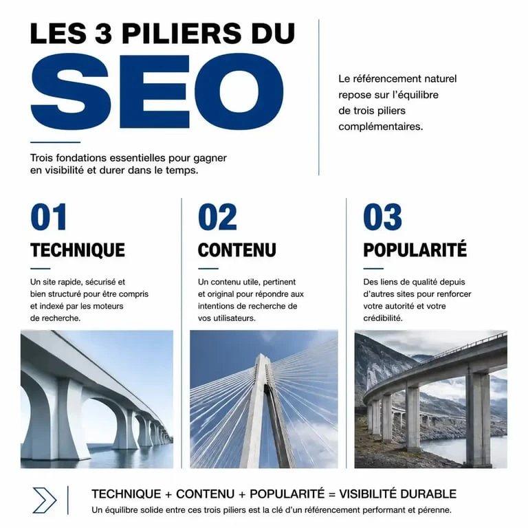 Infographie des trois piliers pour apprendre le SEO : technique, contenu et popularité