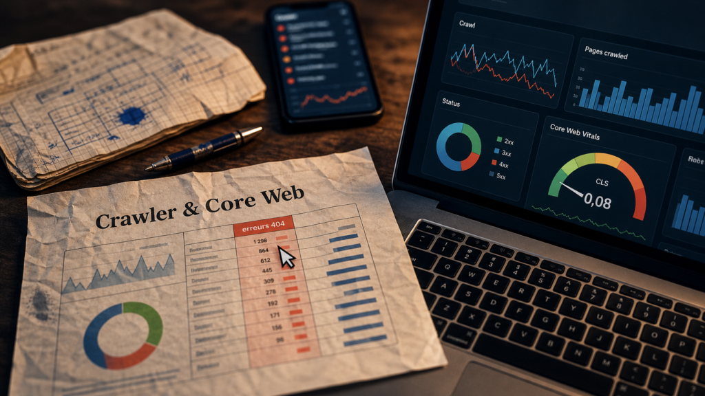 Meilleur logiciel seo : crawler et Core Web Vitals sur écran