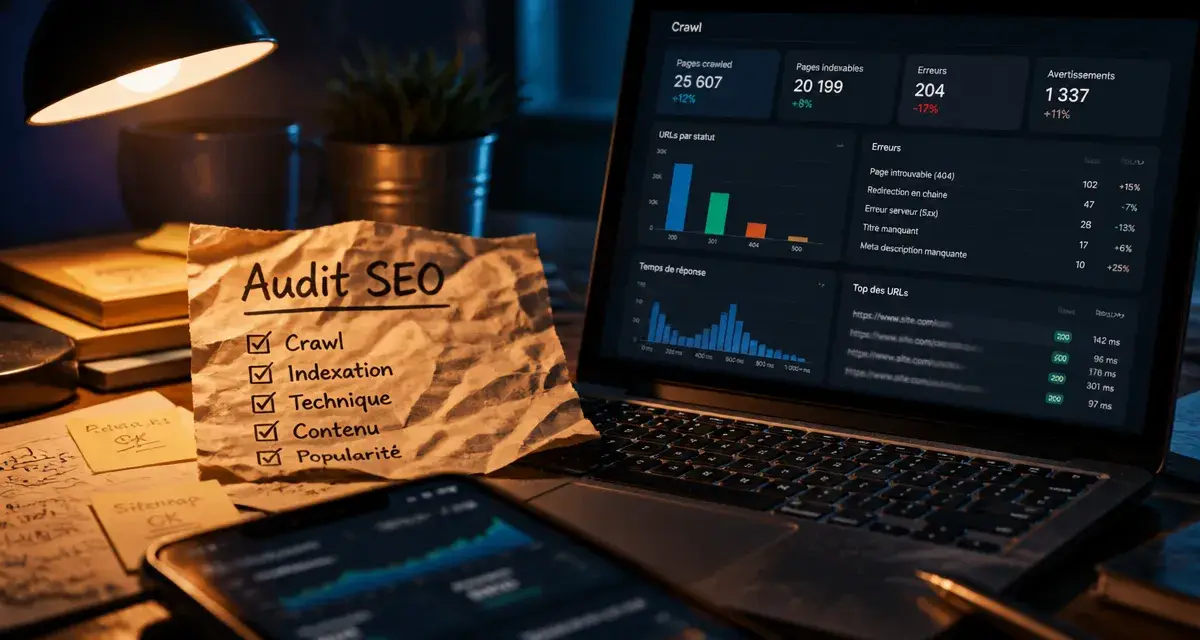 Outils audit SEO : repérer erreurs techniques via tableau de crawl