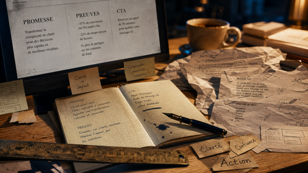 Copywriter c’est quoi : promesse preuves CTA sur bureau