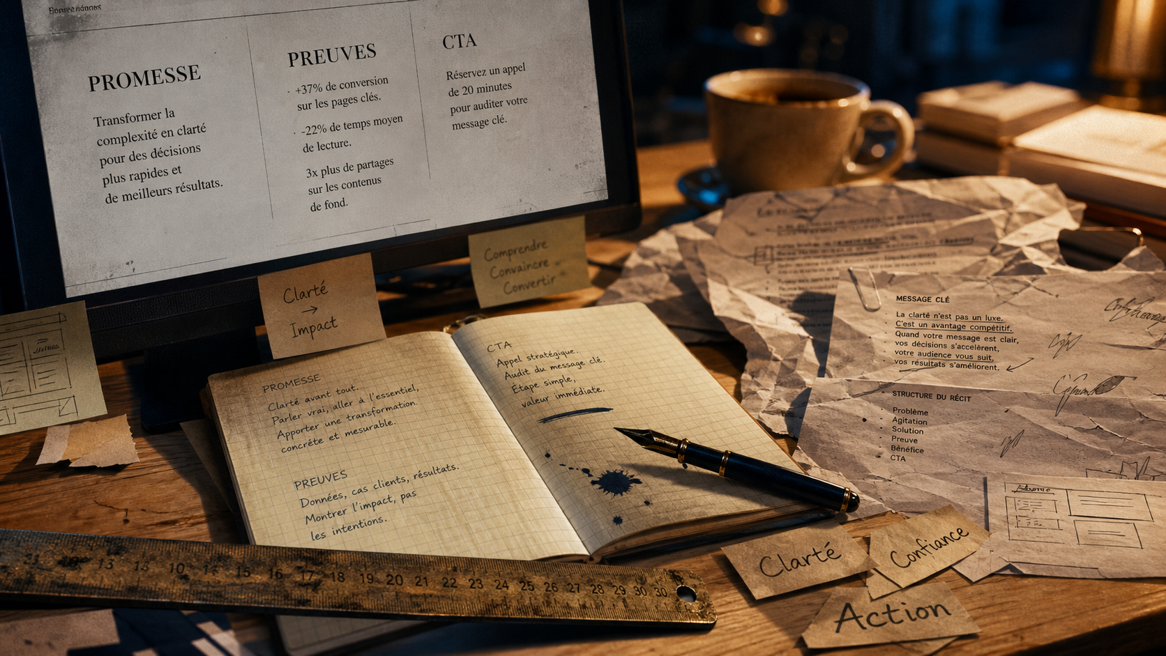 Copywriter c’est quoi : promesse preuves CTA sur bureau