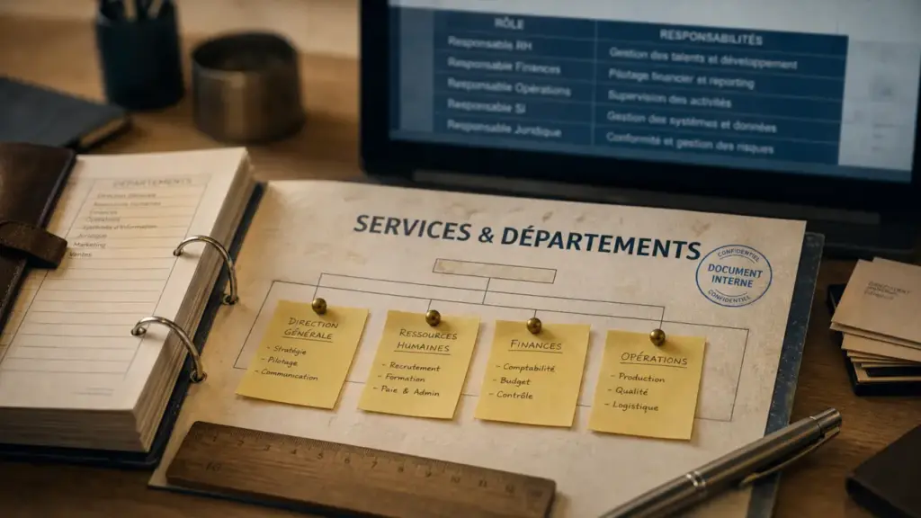 Différents services d'une entreprise : organigramme production, commercial, finance, support