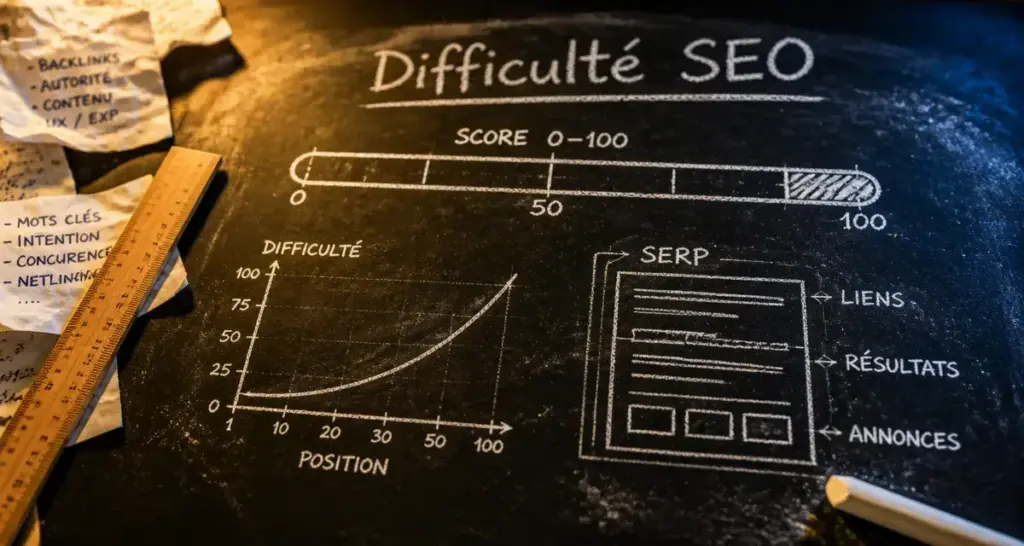 Difficulté seo : score 0–100 sur une ardoise