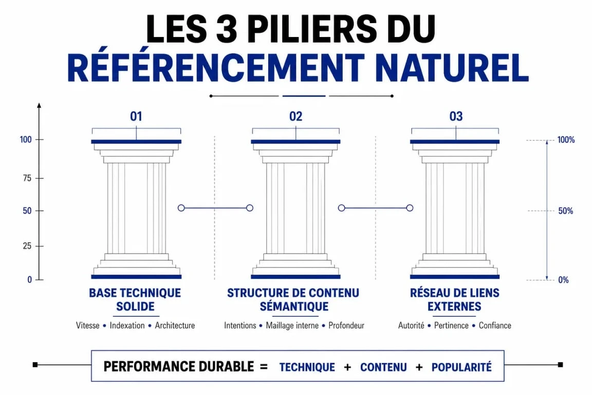Infographie des trois piliers du référencement naturel pour une check list seo complète