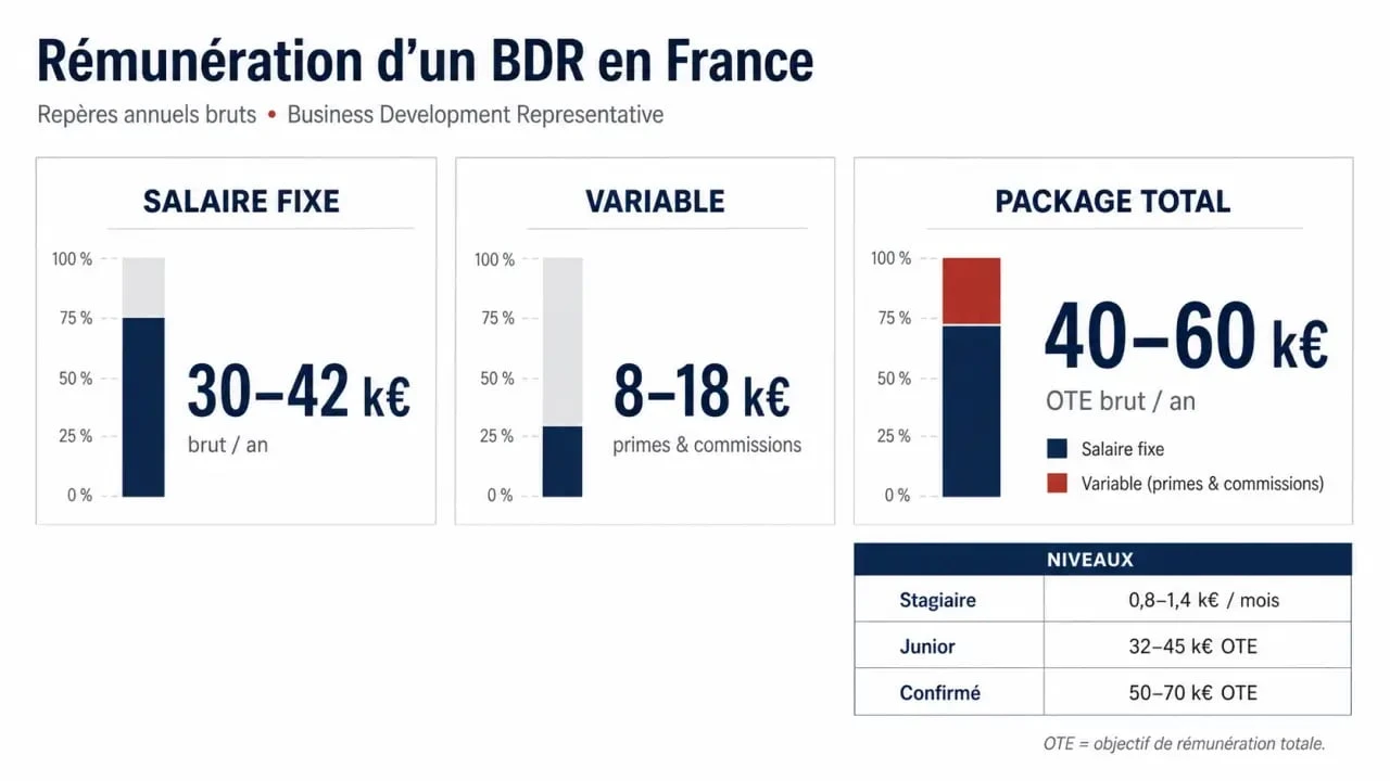 Business development representative salaire : infographie comparant fixe, variable et package en France