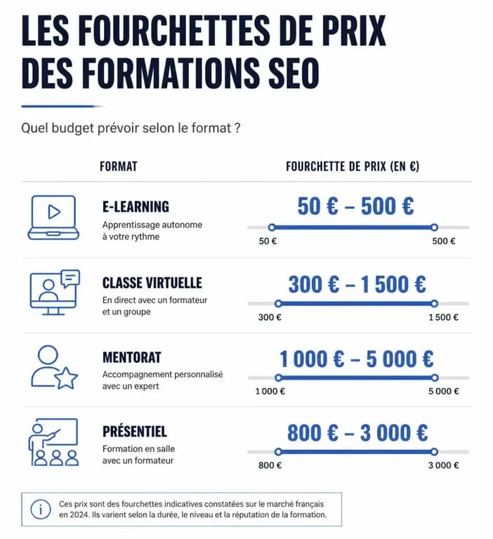 Infographie comparative des prix des formations SEO selon le format d'apprentissage