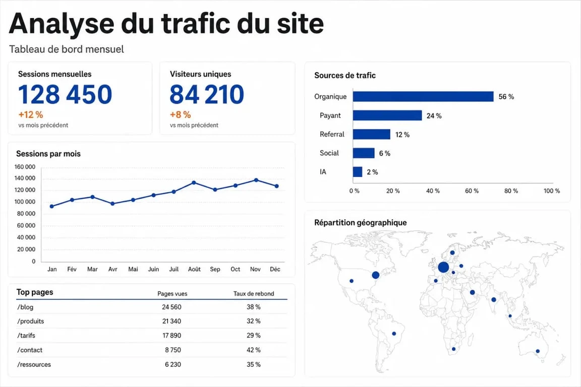 Trafic sur site internet : tableau de bord analytique avec sources de trafic et métriques clés