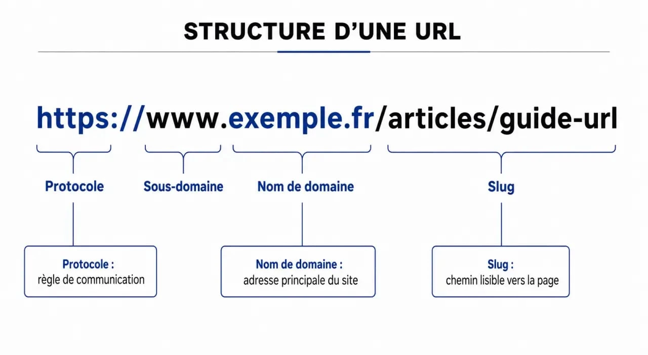 Schéma explicatif de la structure d'une URL WordPress montrant le rôle du slug