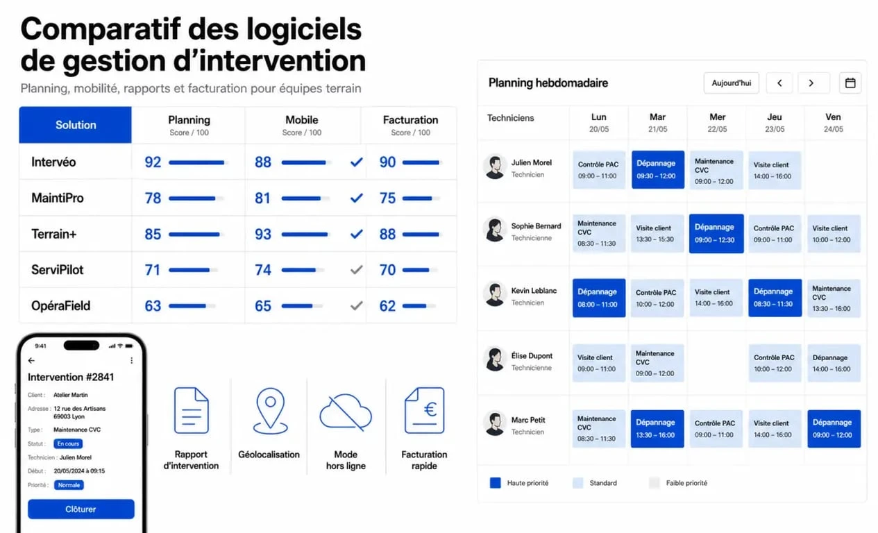 Comparatif d’un logiciel gestion intervention avec planning, mobile, hors ligne, géolocalisation et reporting