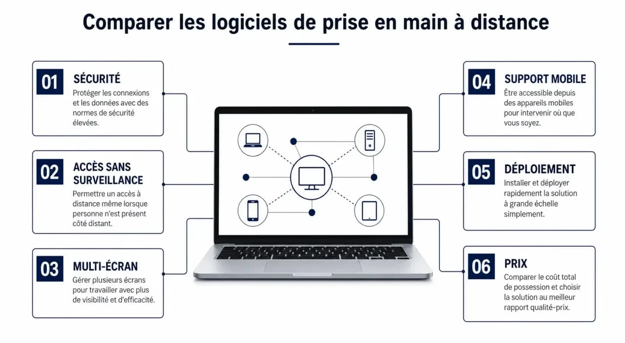 Comparaison de logiciel prise main distance avec critères de sécurité, prix et multi-écran