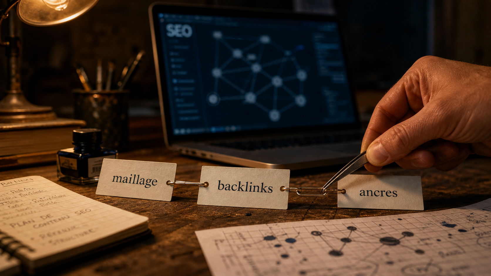 Maillage interne et linking seo : backlinks et ancres sur bureau