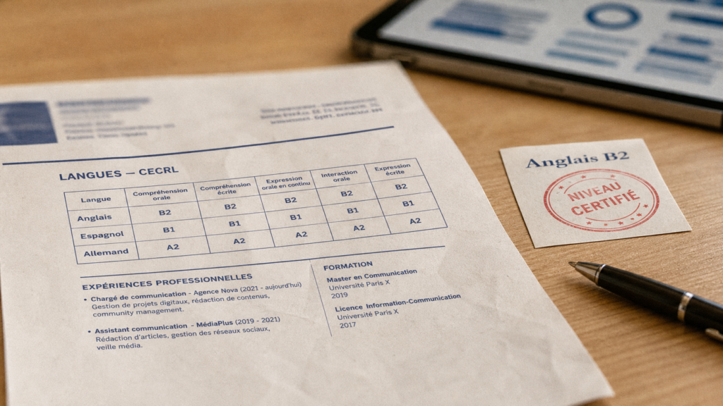 Niveau de langue CV : grille CECRL et test anglais B2 sur bureau