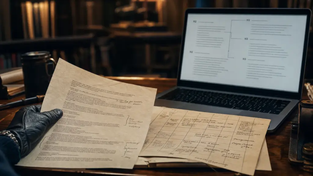 Rédaction SEO : bureau, mots-clés et plan H2/H3
