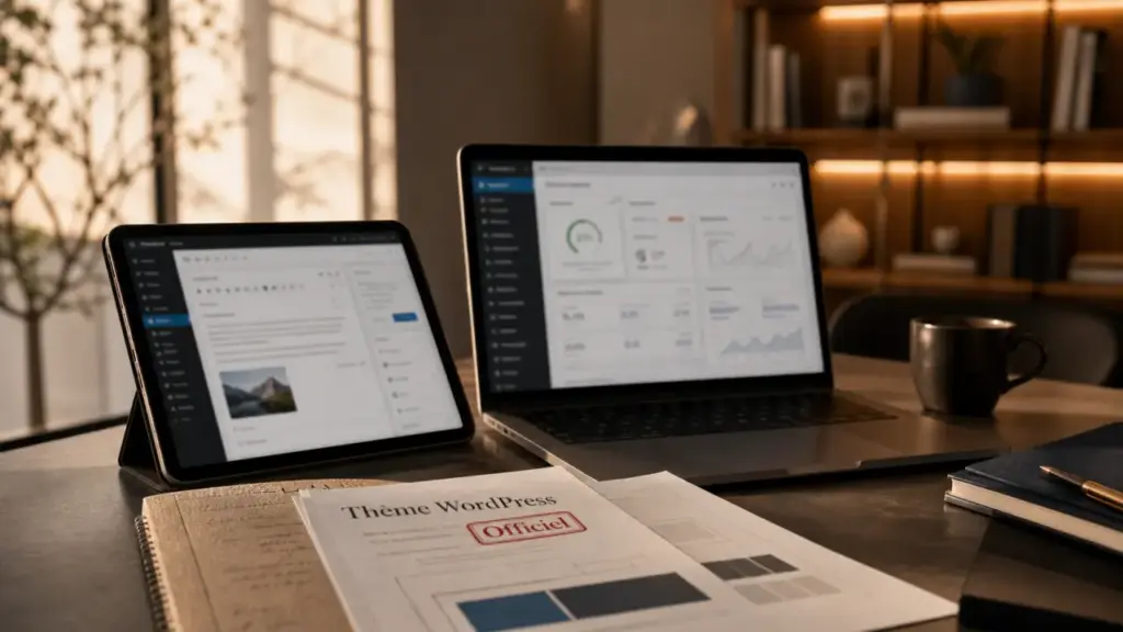 Theme gratuit WordPress sur bureau : captures Gutenberg floues et performances