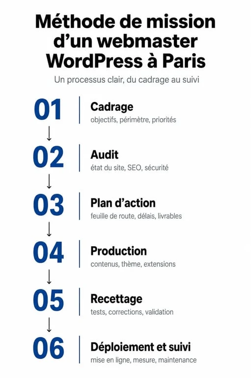 Webmaster wordpress paris : méthode de mission en six étapes de l’audit au suivi