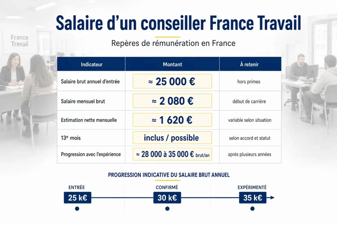 Salaire conseiller France Travail : infographie éditoriale sur la rémunération brute, nette et les avantages