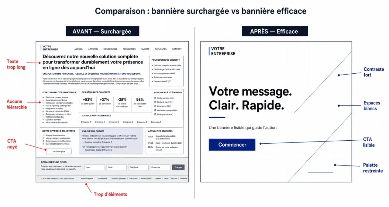 Créer bannière site : comparaison entre bannière surchargée et bannière efficace