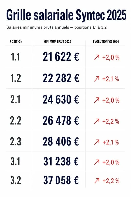 Coefficient Syntec 2025 : tableau visuel des positions et des salaires minimaux 2025