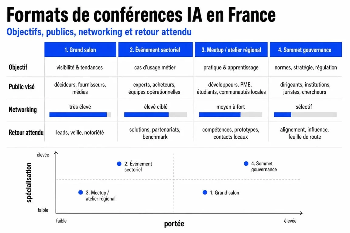 Conférence IA : comparaison visuelle des formats grand salon, événement sectoriel et meetup régional