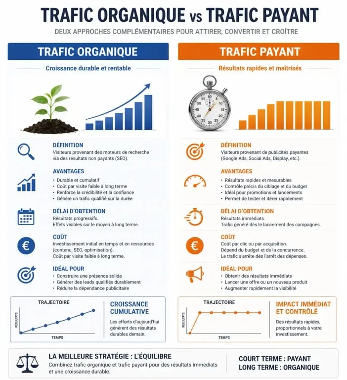 Comparatif visuel entre trafic organique et trafic payant pour le SEO