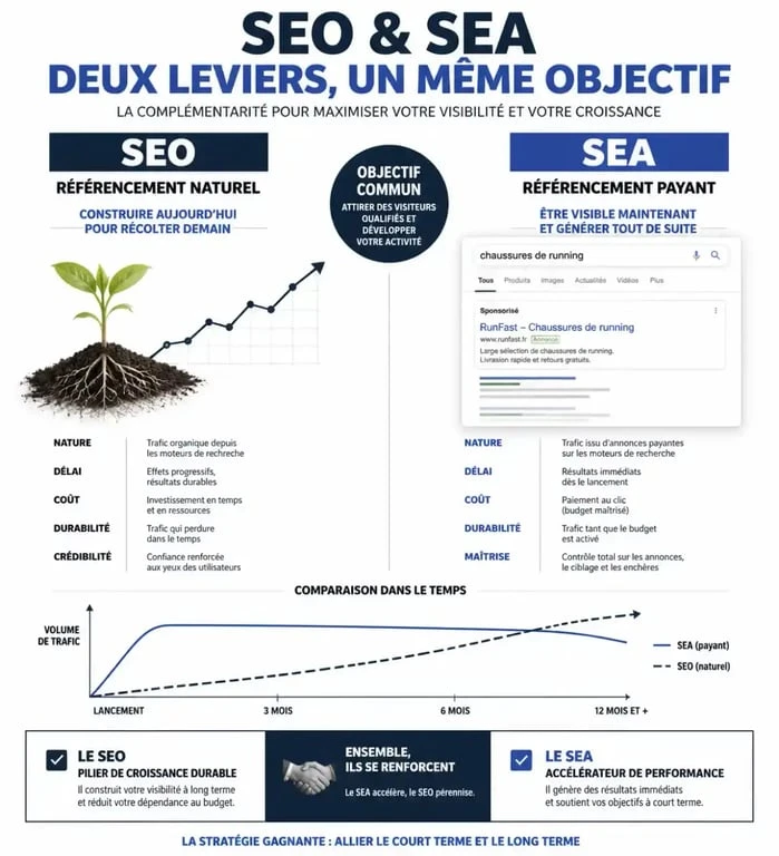 Infographie comparative SEO vs SEA : comprendre la différence entre référencement naturel et payant