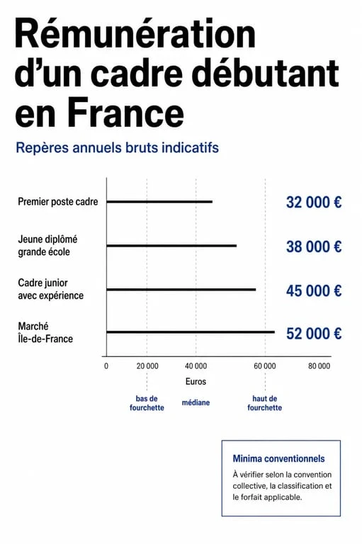 Cadre débutant salaire en France : comparaison visuelle des fourchettes de rémunération et des minima conventionnels