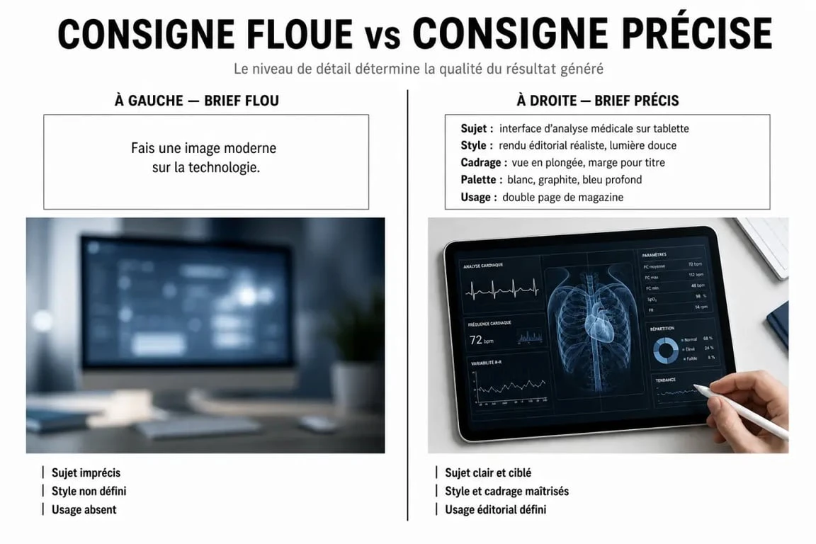 Intelligence artificielle illustration comparant un prompt vague et un prompt précis