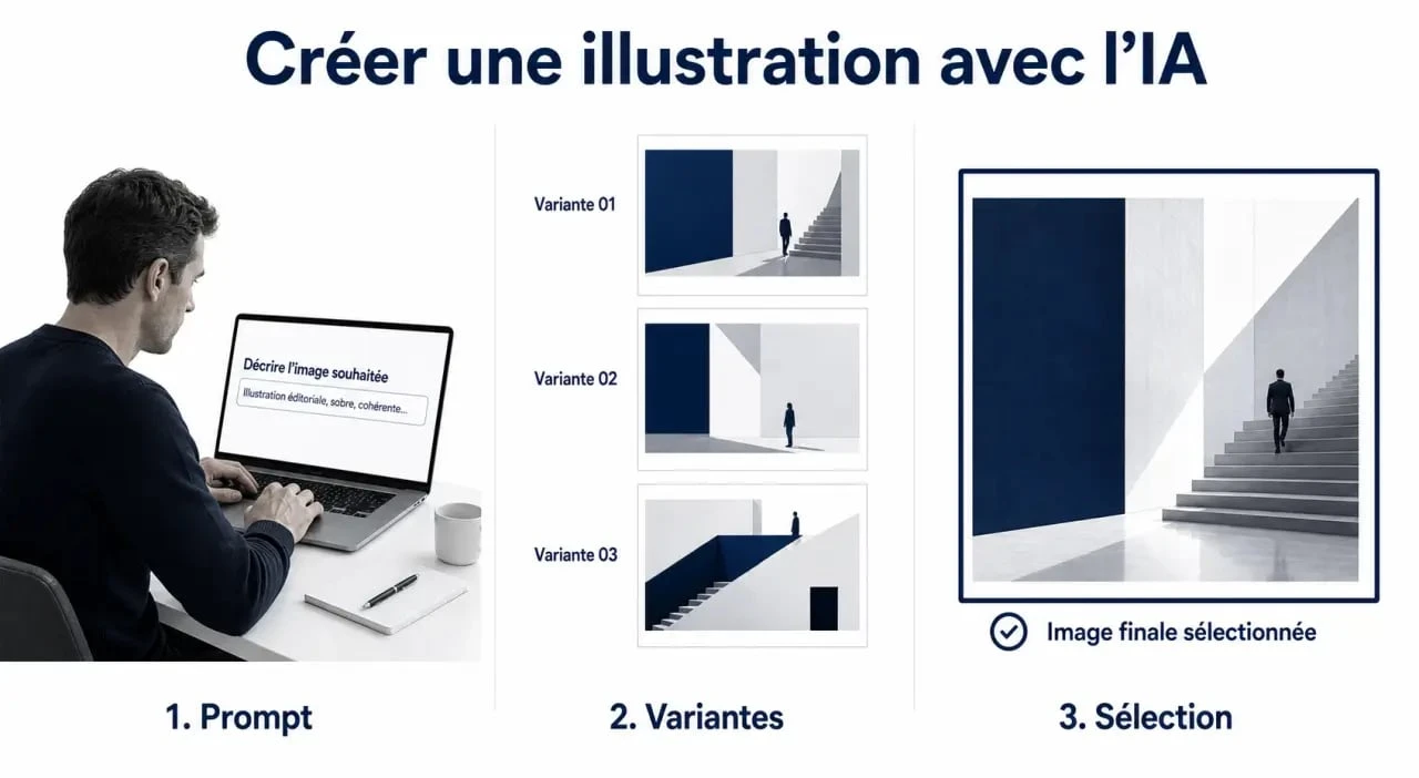Intelligence artificielle illustration montrant le passage du prompt au visuel final