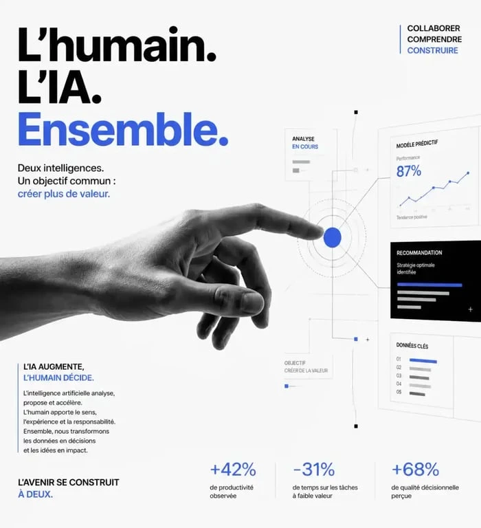 Illustration conceptuelle de la collaboration entre l'humain et l'intelligence artificielle au travail