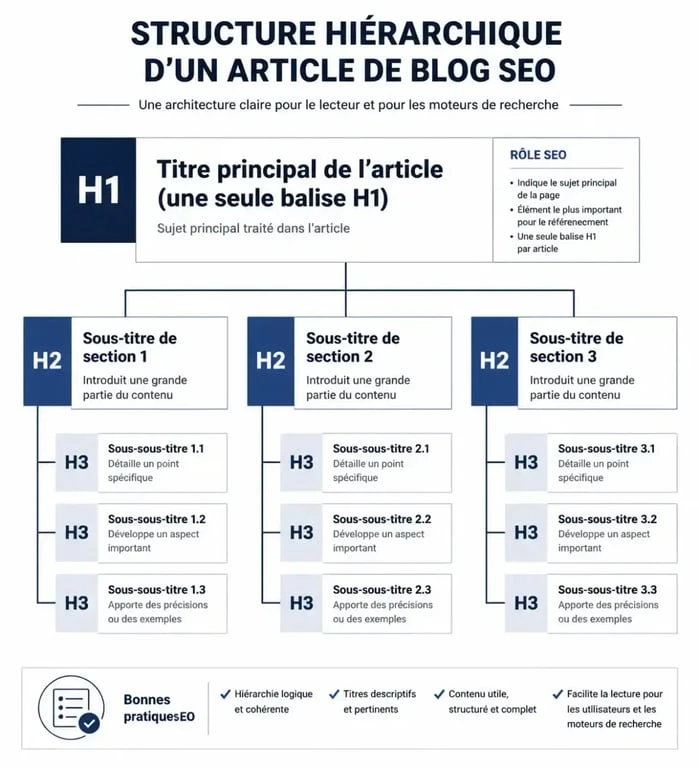 Schéma de la structure hiérarchique d'un article de blog optimisé pour le SEO avec balises H1, H2 et H3